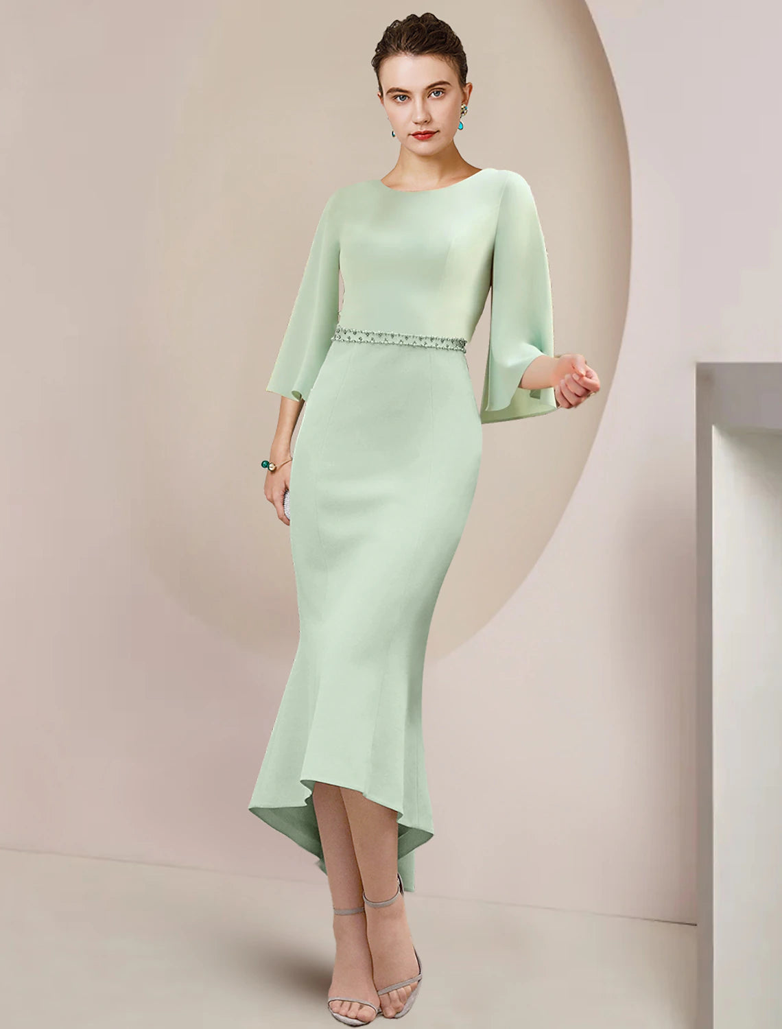 Wholesale  Mermaid / Trumpet Mother of the Bride Dress Wedding Guest Party Elegant Scoop Neck Tea Length Stretch Chiffon 3/4 Length Sleeve with Beading